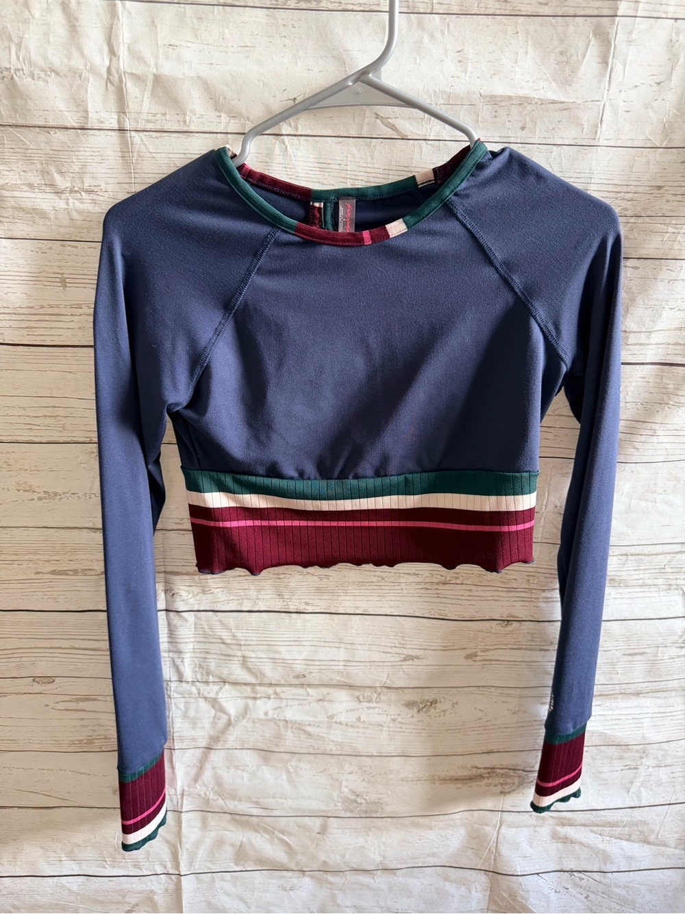 Women's Navy Long-Sleeve Cropped Top with Stripe Trim